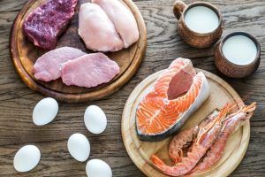 Protein diet: raw products on the wooden background